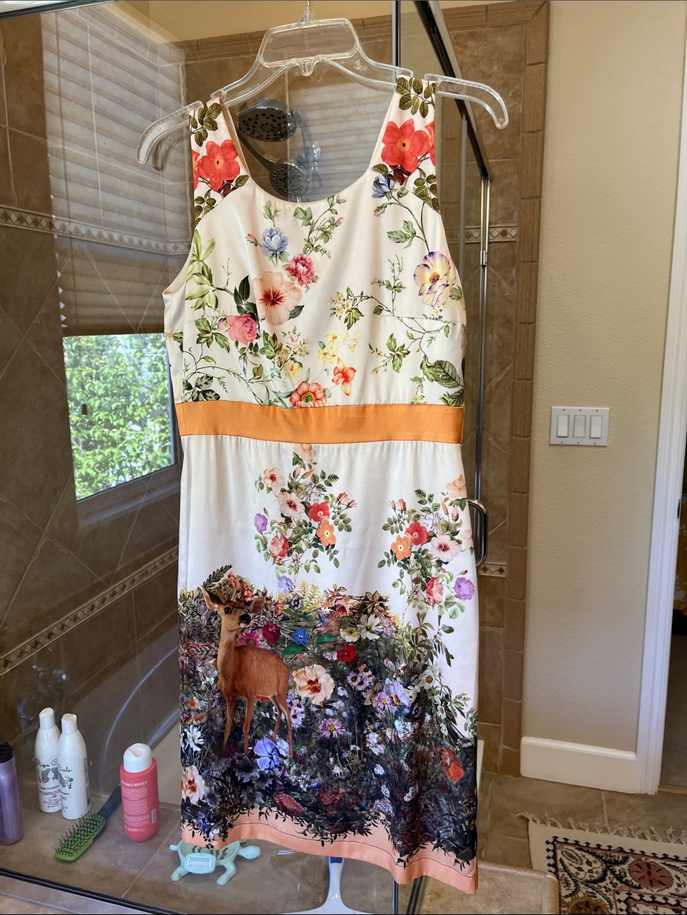 Women’s Asymmetrical Floral Midi Dress with Orange Waistband